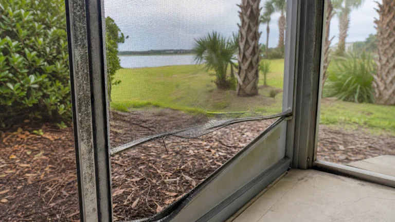 Torn mesh screen with loose lower edge near grass, shrubs, palm trees, and water